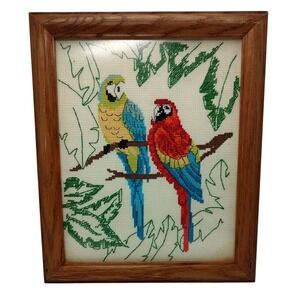 Vintage Cross Stitch Parrots on Branches Colorful Handmade Framed with Glass SEE